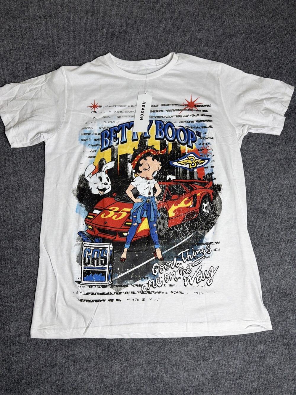 Reason Betty Boop Graphic T-Shirt M White Retro Racing Car Streetwear NWT